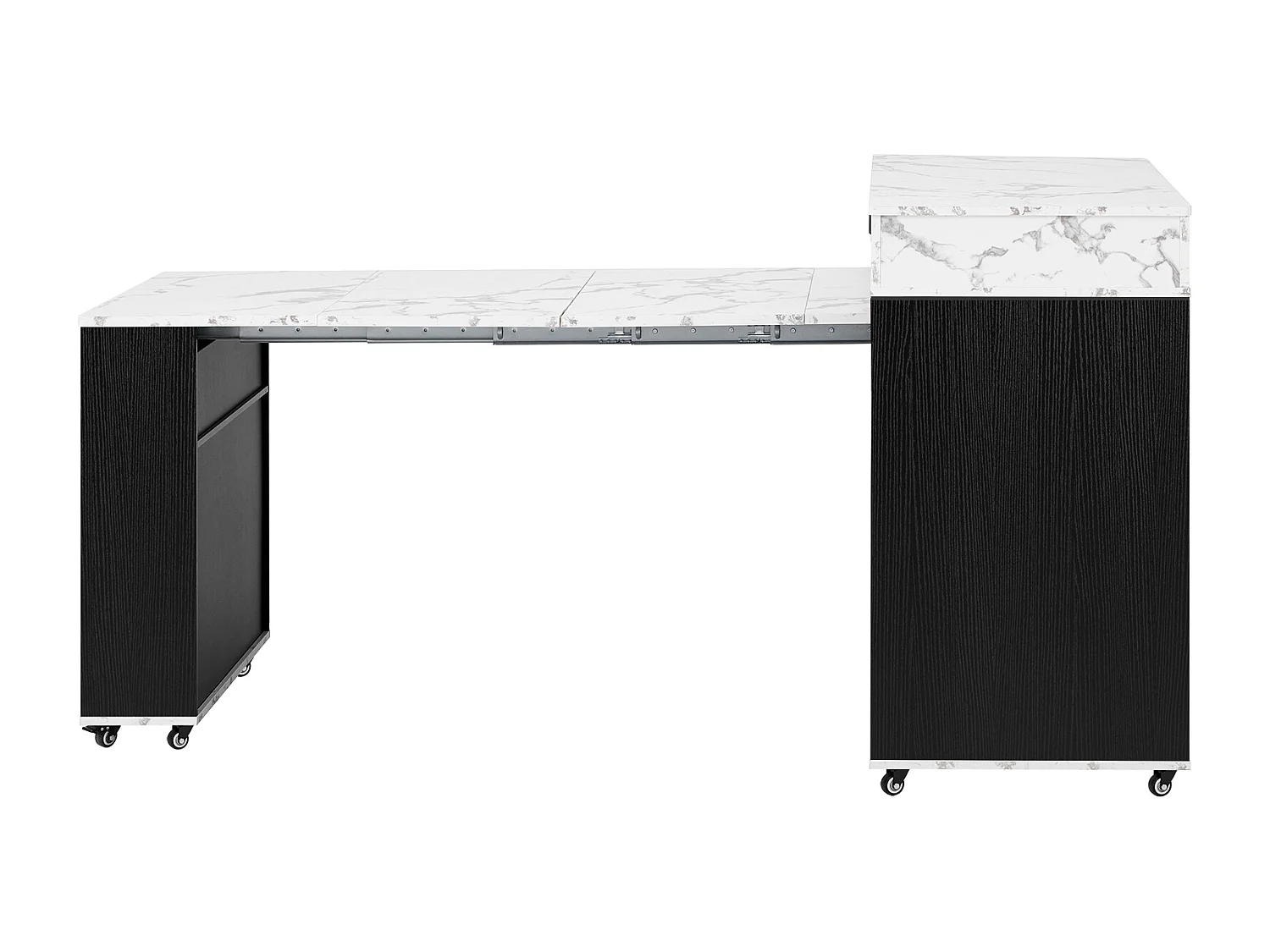 Desserte de cuisine noir avec prises et portes vitrées - Plateau effet marbre