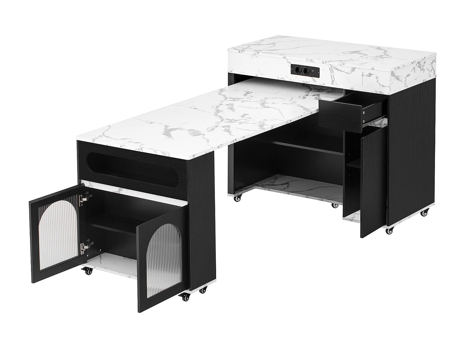 Desserte de cuisine noir avec prises et portes vitrées - Plateau effet marbre