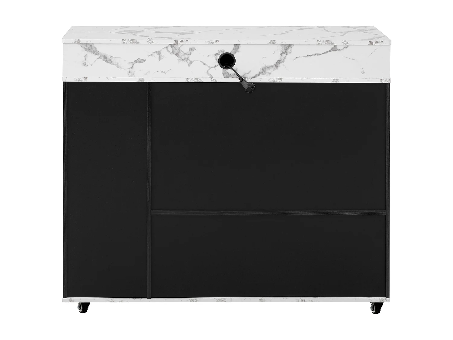 Desserte de cuisine noir avec prises et portes vitrées - Plateau effet marbre