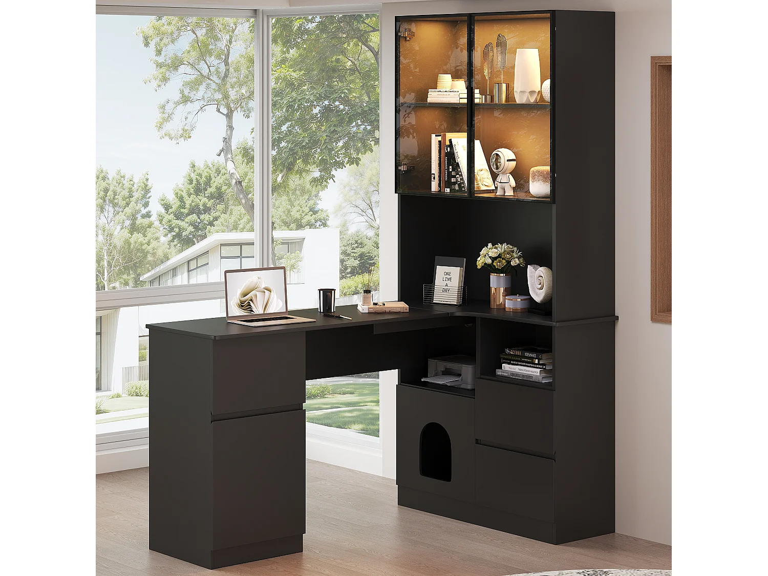 Bureau d'angle avec LED ,3 tiroirs, 2 portes 120×80×180 cm - Noir