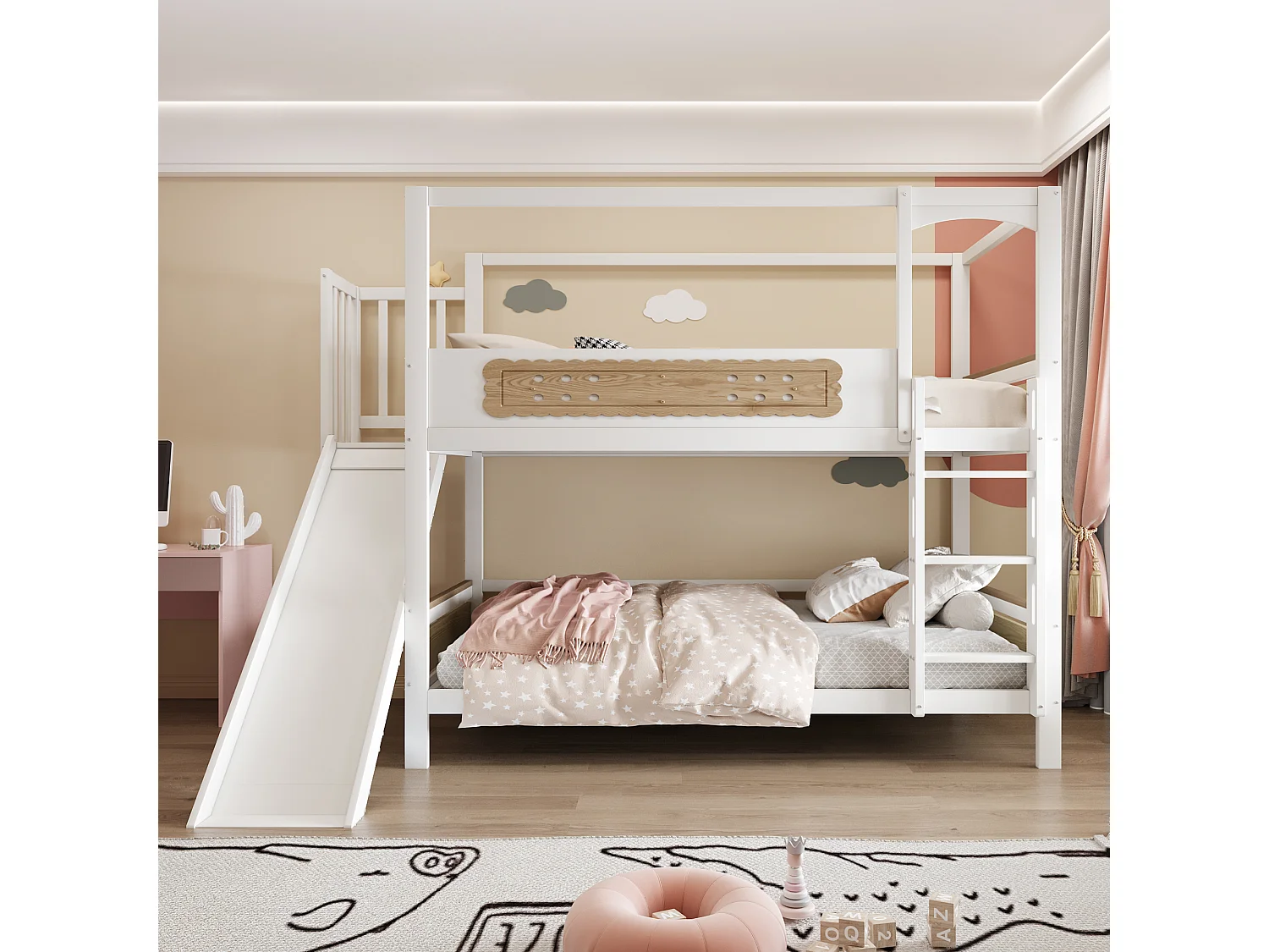 Lit superposé 90 x 200 cm avec barrières en forme de biscuit et toboggan - Blanc