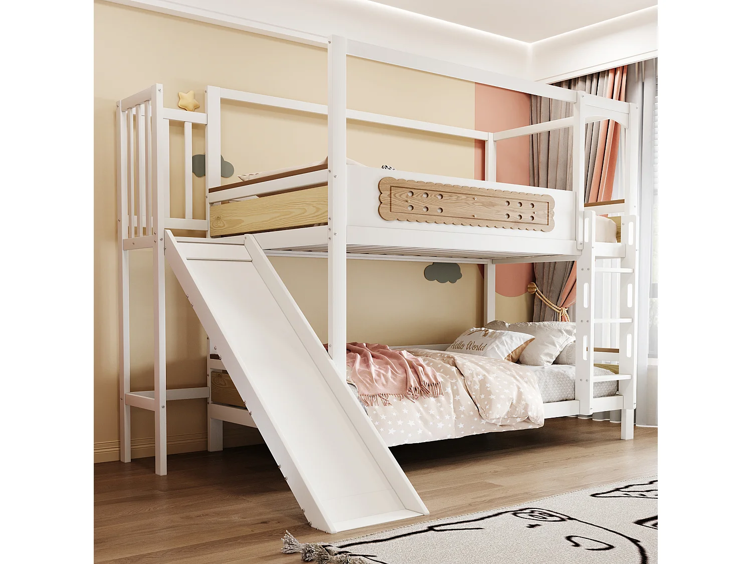 Lit superposé 90 x 200 cm avec barrières en forme de biscuit et toboggan - Blanc