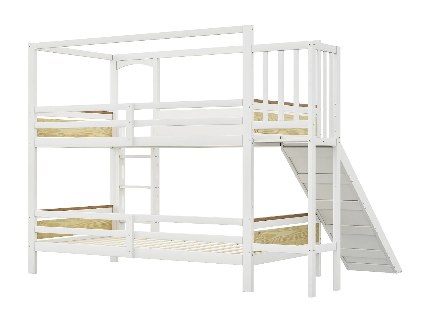 Lit superposé 90 x 200 cm avec barrières en forme de biscuit et toboggan - Blanc