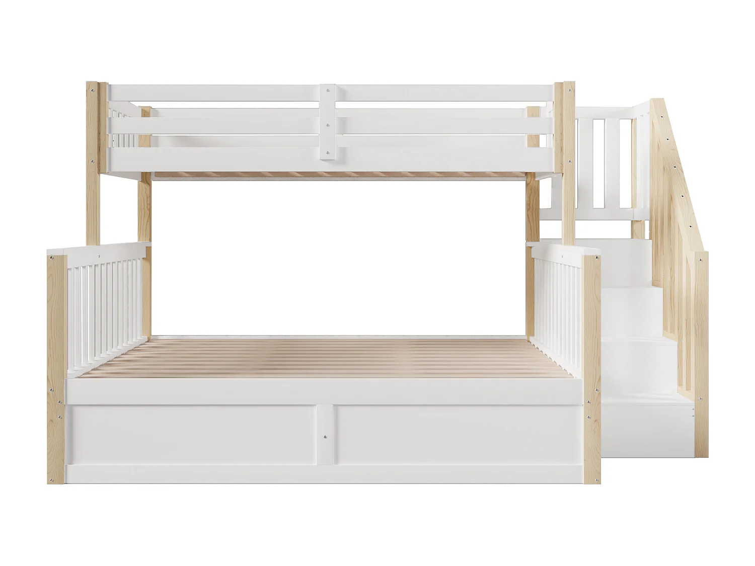 Lit superposé 90x200 cm + 140x200 cm avec rangements et coffre hydraulique - bois blanc et naturel