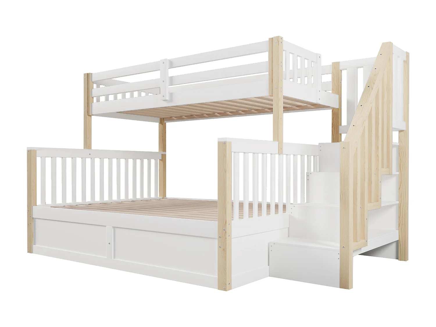 Lit superposé 90x200 cm + 140x200 cm avec rangements et coffre hydraulique - bois blanc et naturel