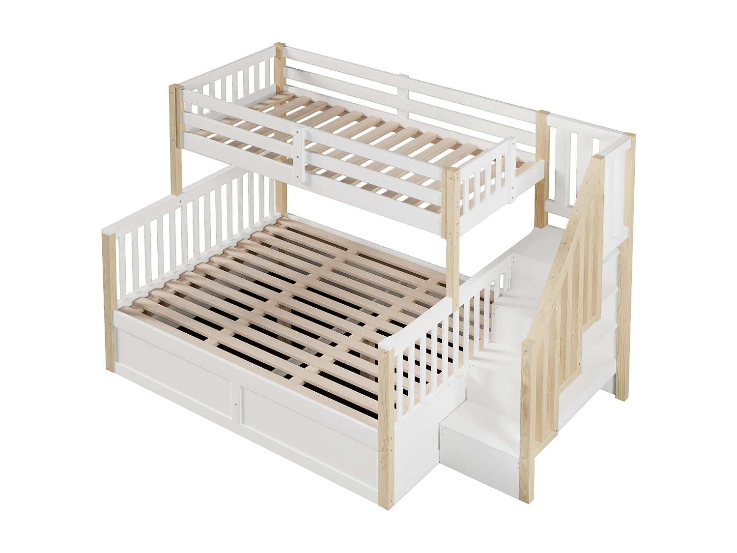 Lit superposé 90x200 cm + 140x200 cm avec rangements et coffre hydraulique - bois blanc et naturel