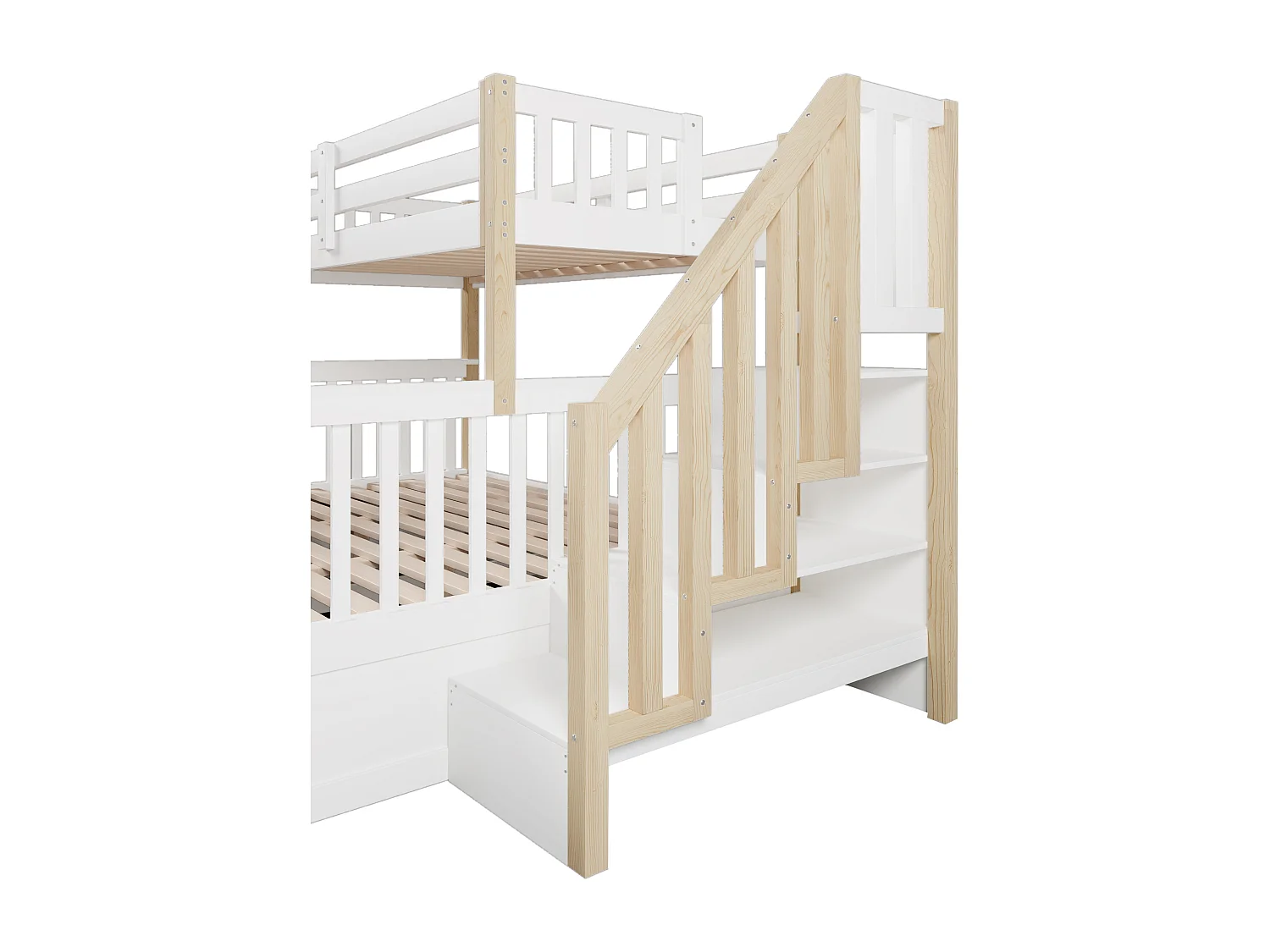 Lit superposé 90x200 cm + 140x200 cm avec rangements et coffre hydraulique - bois blanc et naturel