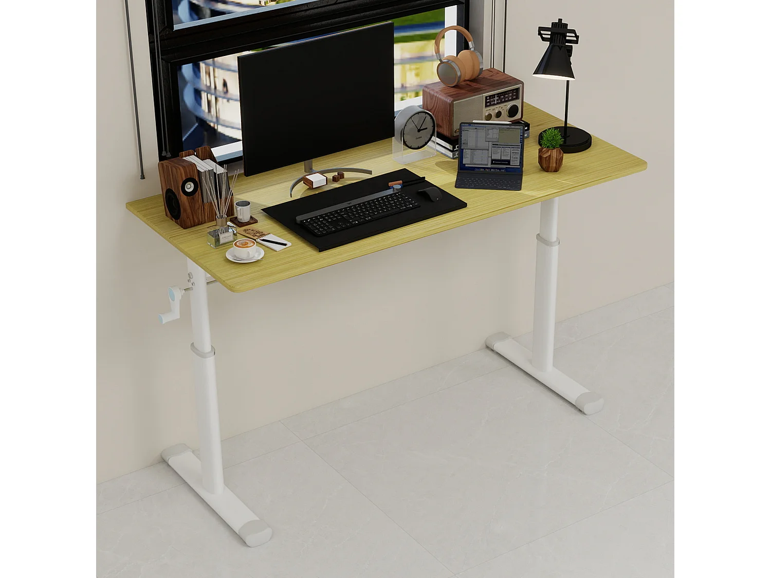 In hoogte verstelbaar bureau, wit met houttinten, 120x60 cm - Hout en metaal