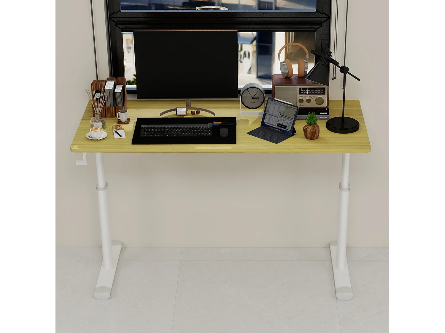 In hoogte verstelbaar bureau, wit met houttinten, 120x60 cm - Hout en metaal