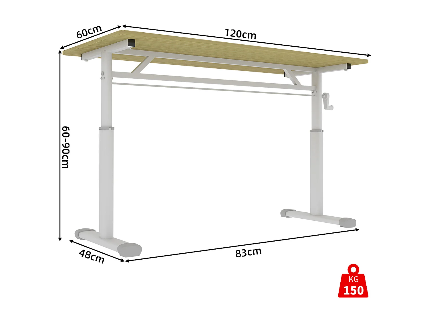 In hoogte verstelbaar bureau, wit met houttinten, 120x60 cm - Hout en metaal