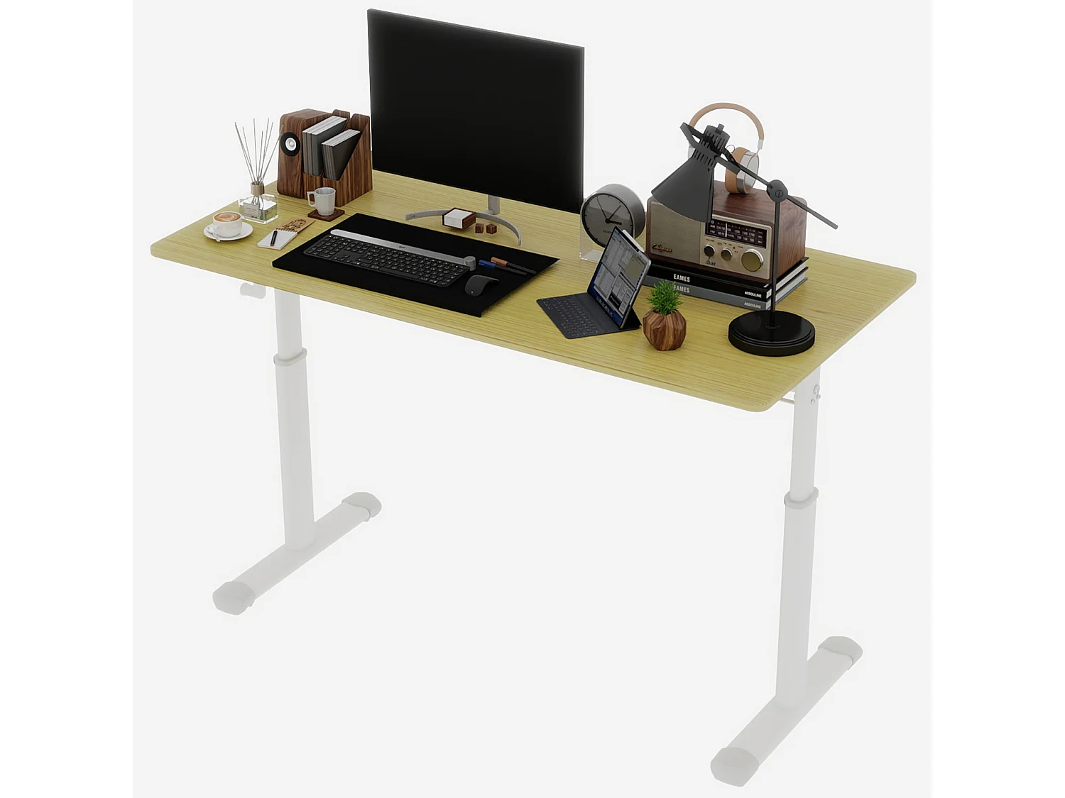 In hoogte verstelbaar bureau, wit met houttinten, 120x60 cm - Hout en metaal