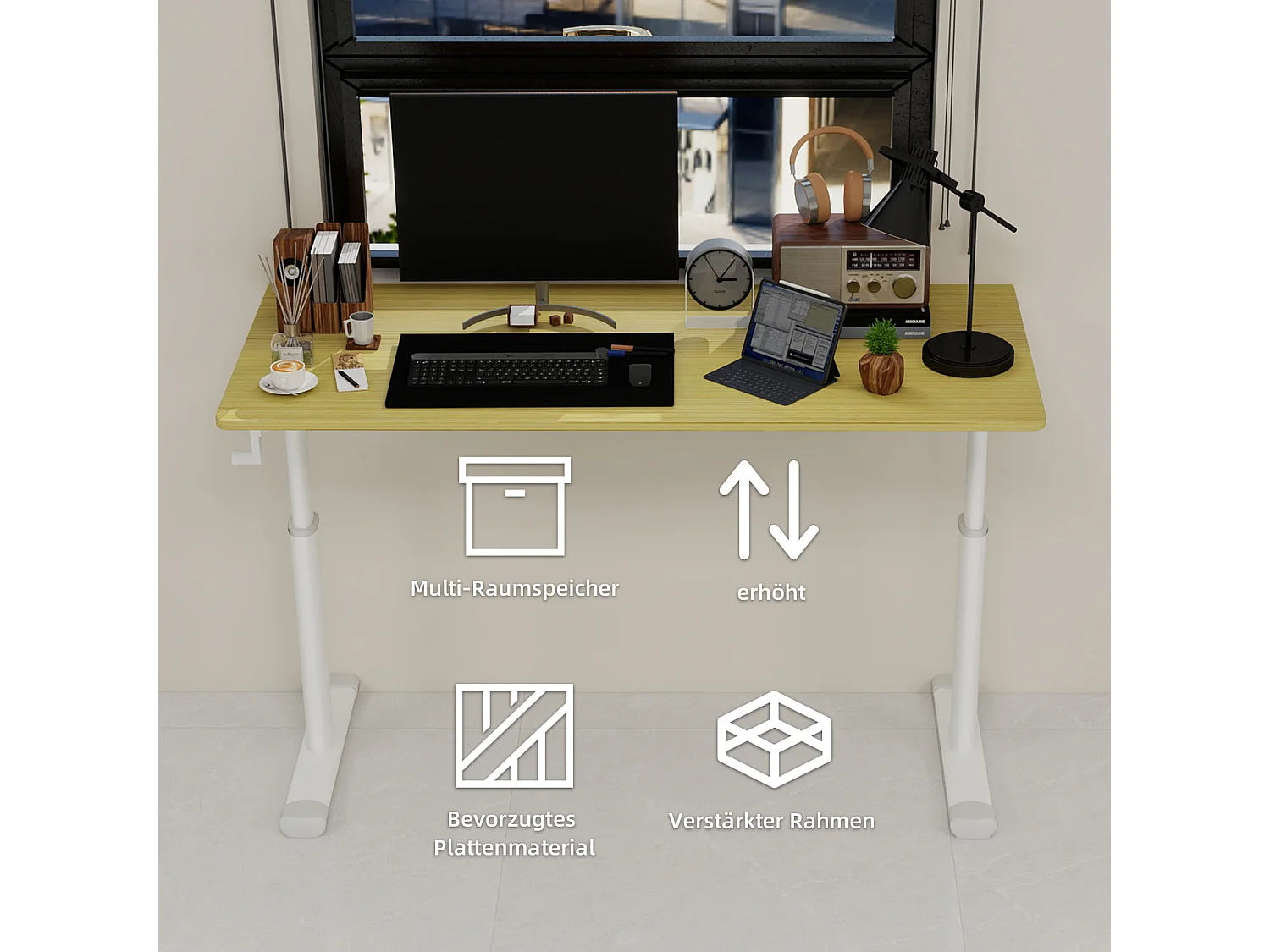 In hoogte verstelbaar bureau, wit met houttinten, 120x60 cm - Hout en metaal