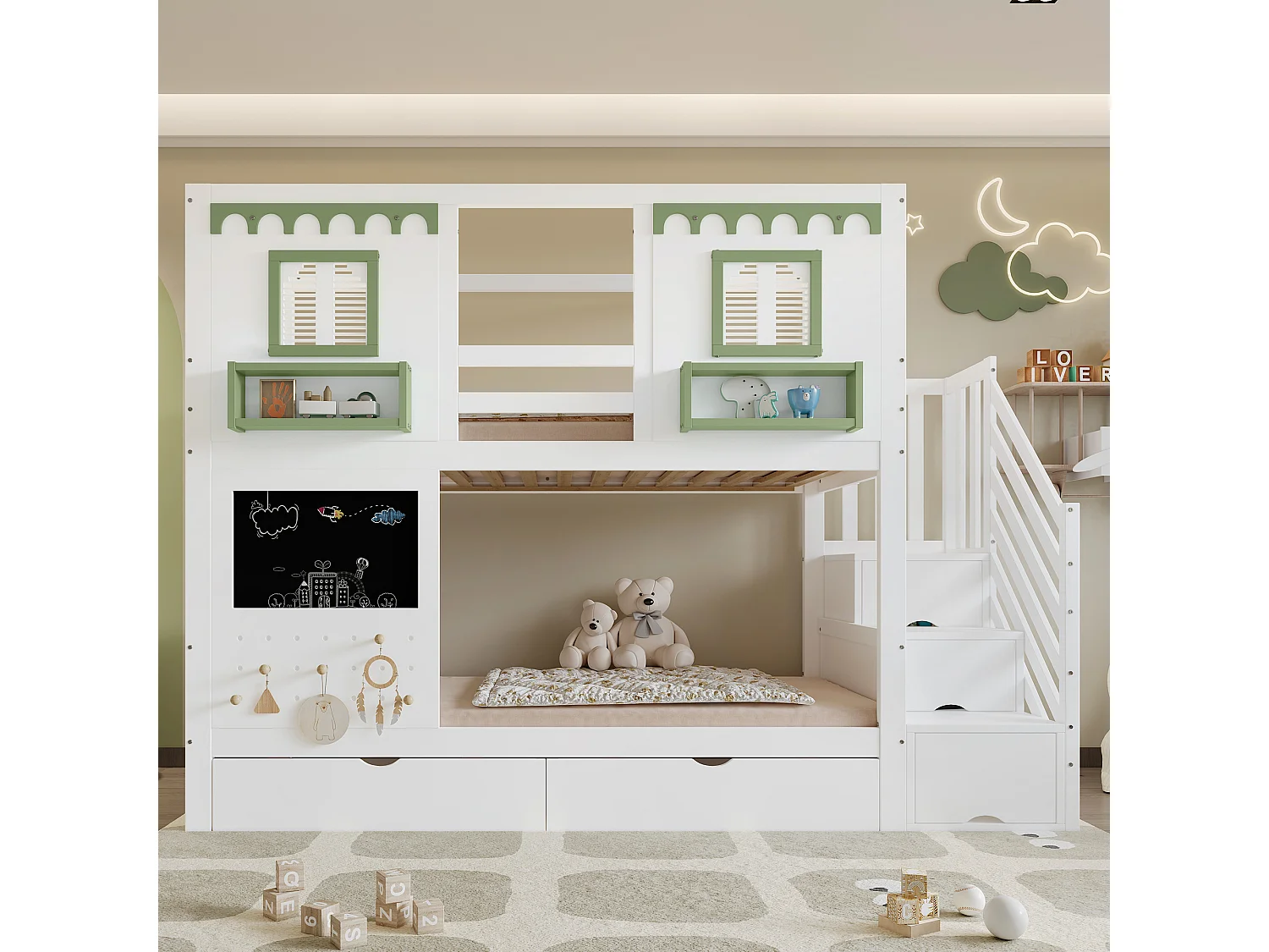 Lit superposé 90x200 cm avec 5 crochets, 2 tiroirs et rangement - Bois en pin et MDF - Blanc et vert