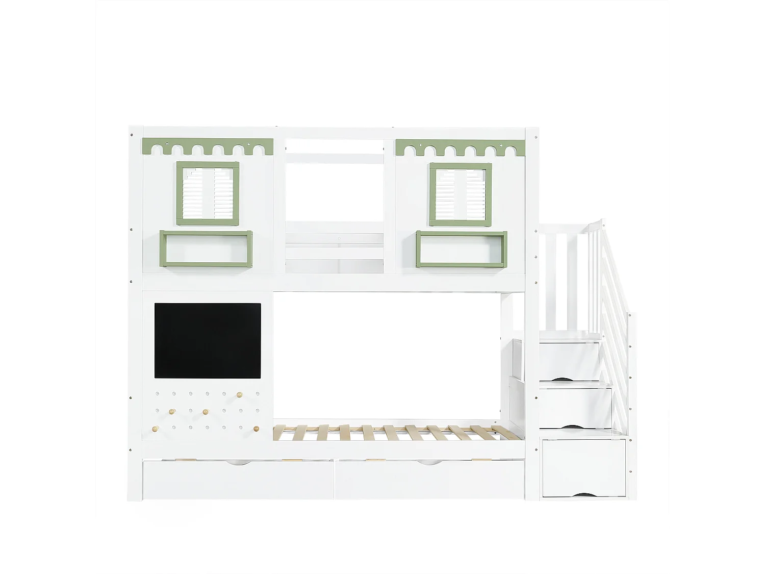 Lit superposé 90x200 cm avec 5 crochets, 2 tiroirs et rangement - Bois en pin et MDF - Blanc et vert