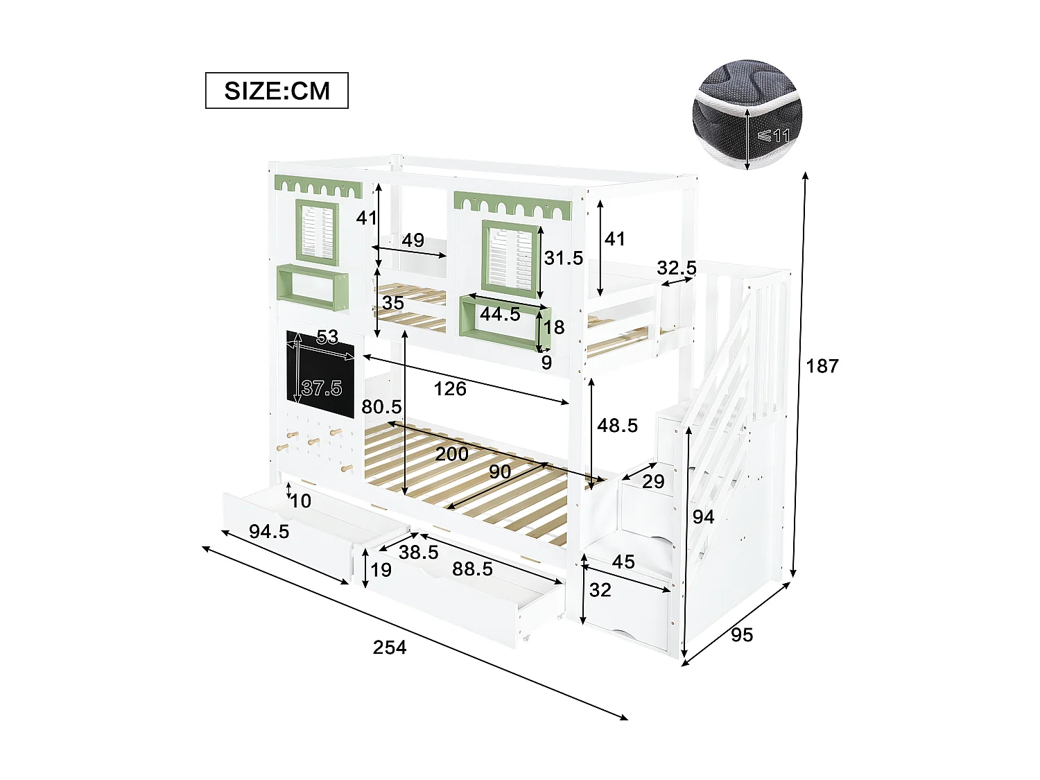 Lit superposé 90x200 cm avec 5 crochets, 2 tiroirs et rangement - Bois en pin et MDF - Blanc et vert