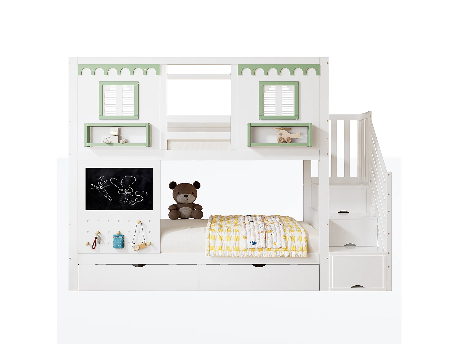 Lit superposé 90x200 cm avec 5 crochets, 2 tiroirs et rangement - Bois en pin et MDF - Blanc et vert