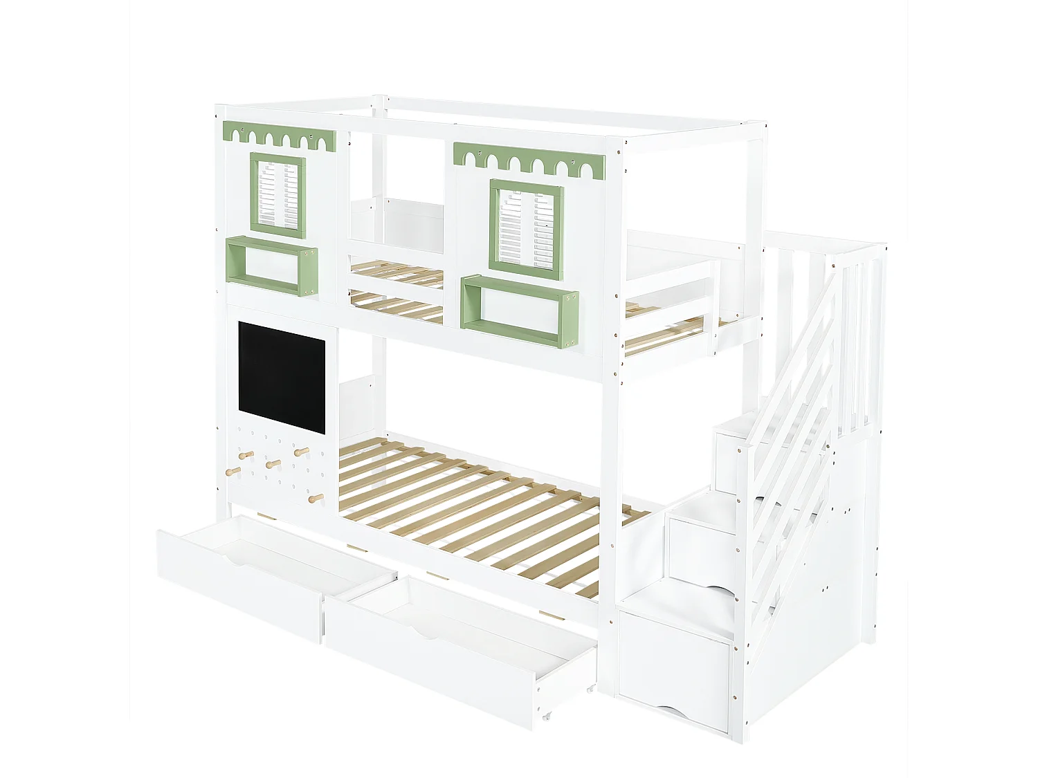 Lit superposé 90x200 cm avec 5 crochets, 2 tiroirs et rangement - Bois en pin et MDF - Blanc et vert