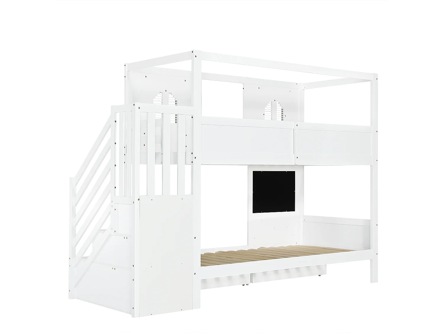 Lit superposé 90x200 cm avec 5 crochets, 2 tiroirs et rangement - Bois en pin et MDF - Blanc et vert