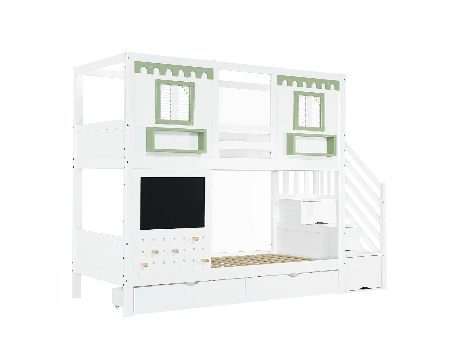 Lit superposé 90x200 cm avec 5 crochets, 2 tiroirs et rangement - Bois en pin et MDF - Blanc et vert