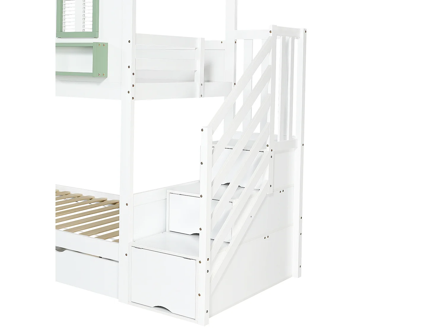 Lit superposé 90x200 cm avec 5 crochets, 2 tiroirs et rangement - Bois en pin et MDF - Blanc et vert