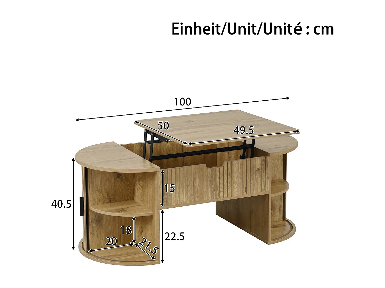 Salontafel met opklapbaar blad en schuifdeuren - Licht naturel 100x50x40,5 cm