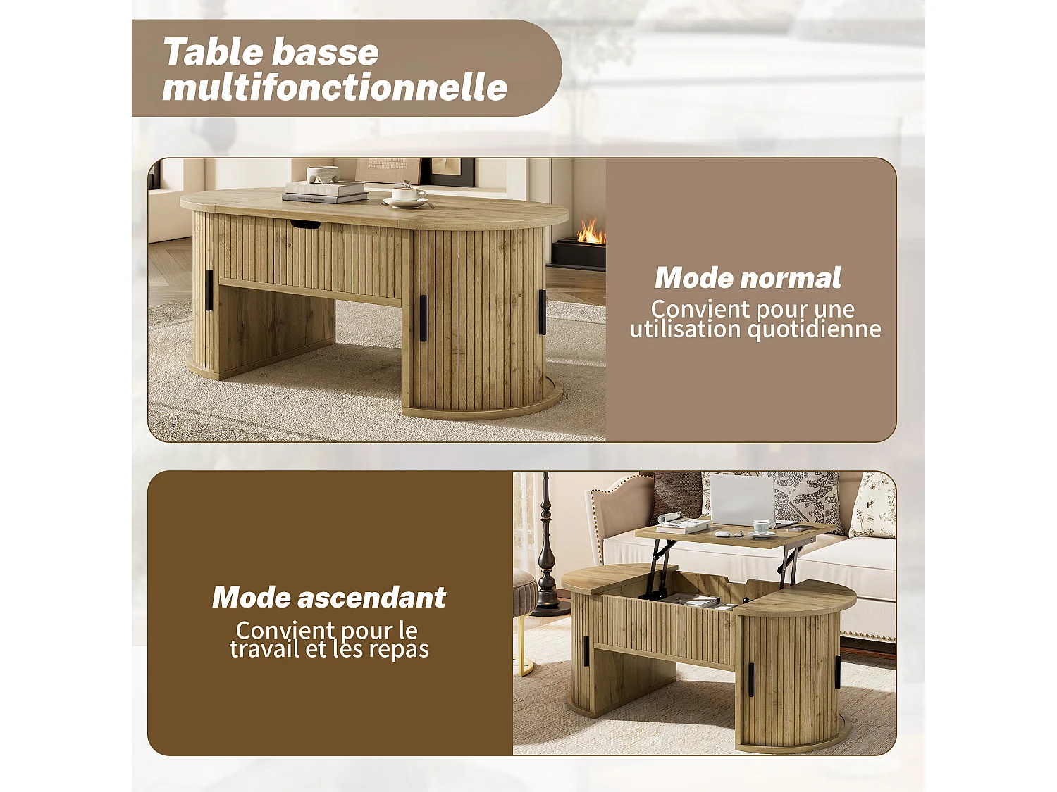 Salontafel met opklapbaar blad en schuifdeuren - Licht naturel 100x50x40,5 cm