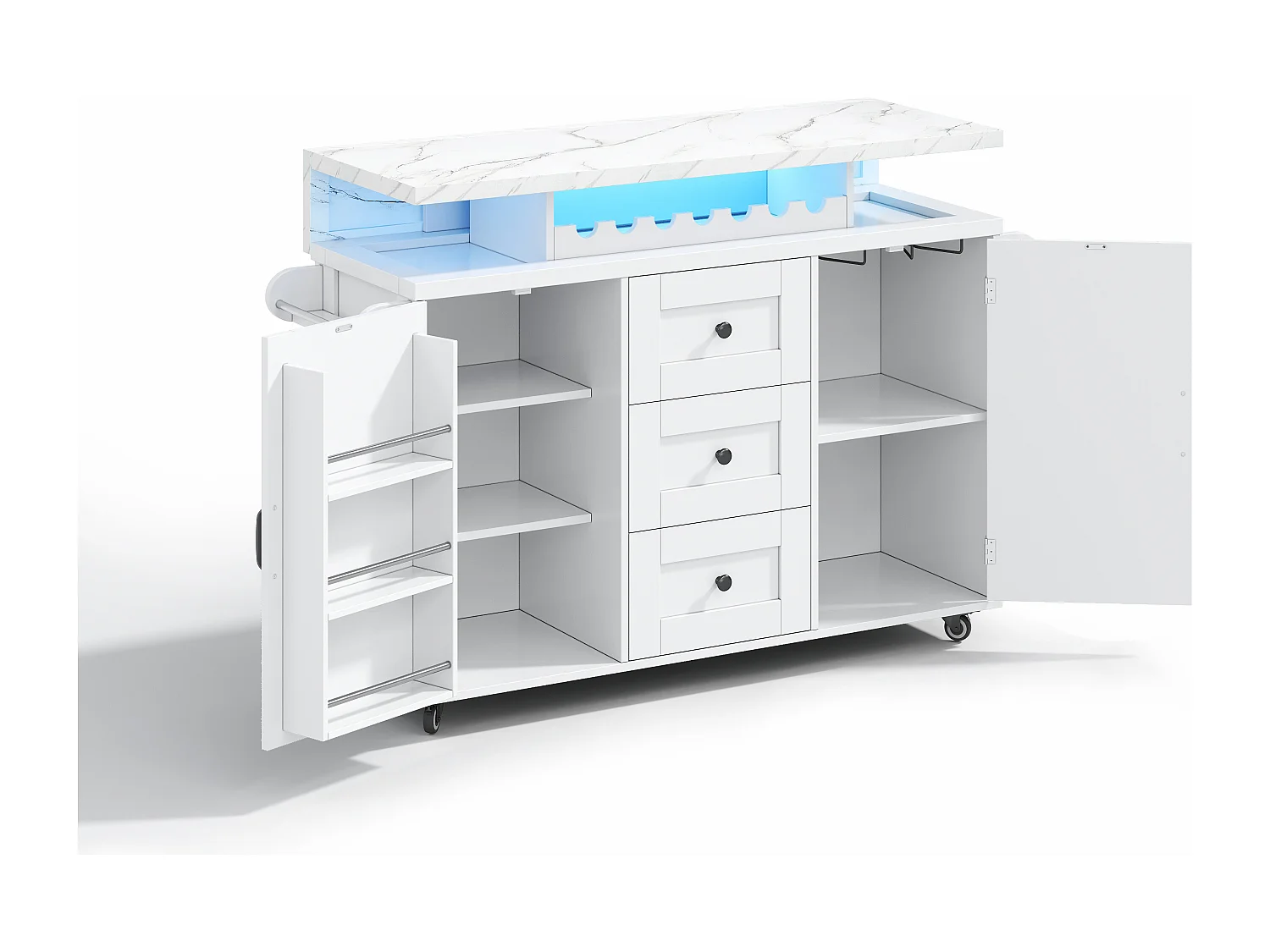 Wit LED-verrijdbaar keukeneiland met 2 deuren en 3 lades - Blad met marmerlook