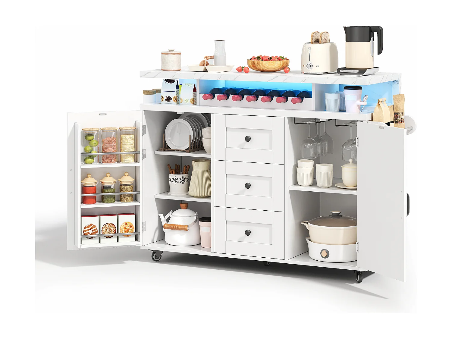 Wit LED-verrijdbaar keukeneiland met 2 deuren en 3 lades - Blad met marmerlook