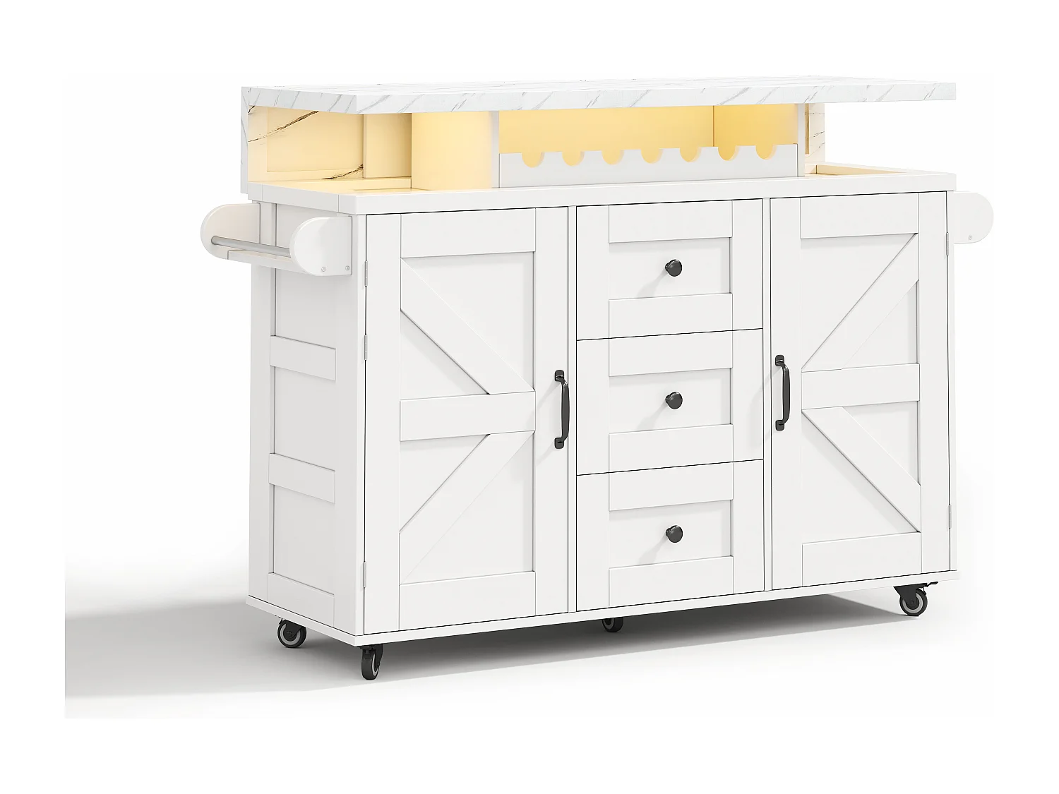Wit LED-verrijdbaar keukeneiland met 2 deuren en 3 lades - Blad met marmerlook