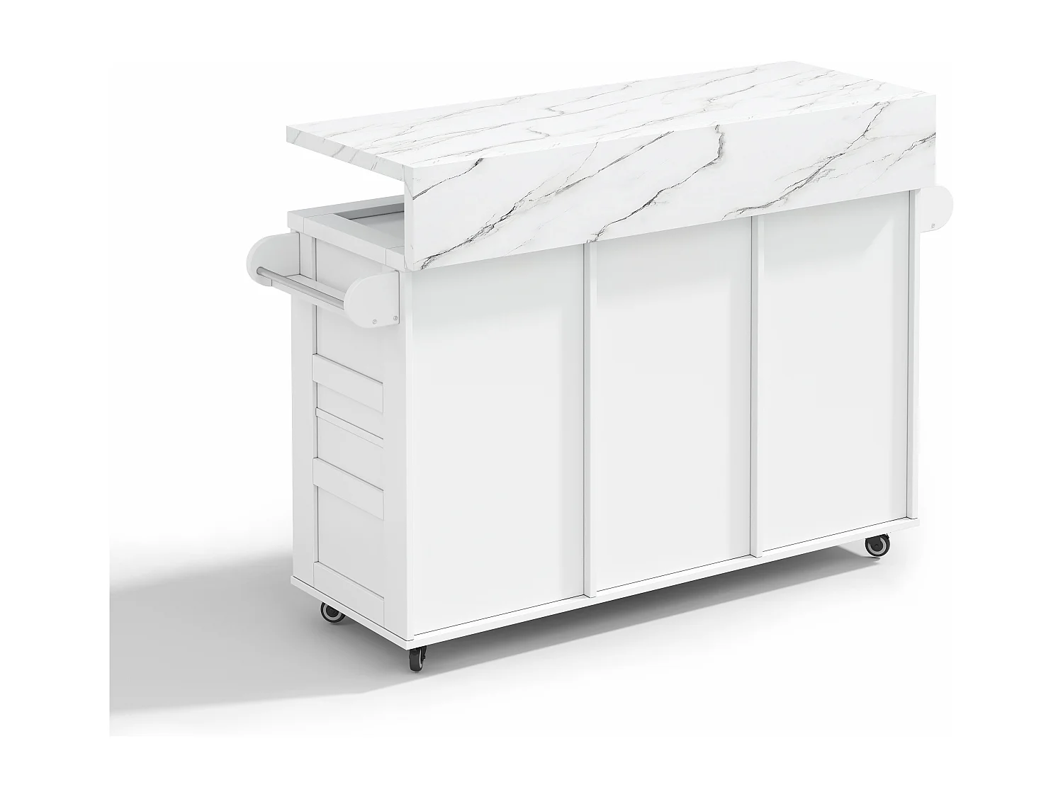 Wit LED-verrijdbaar keukeneiland met 2 deuren en 3 lades - Blad met marmerlook