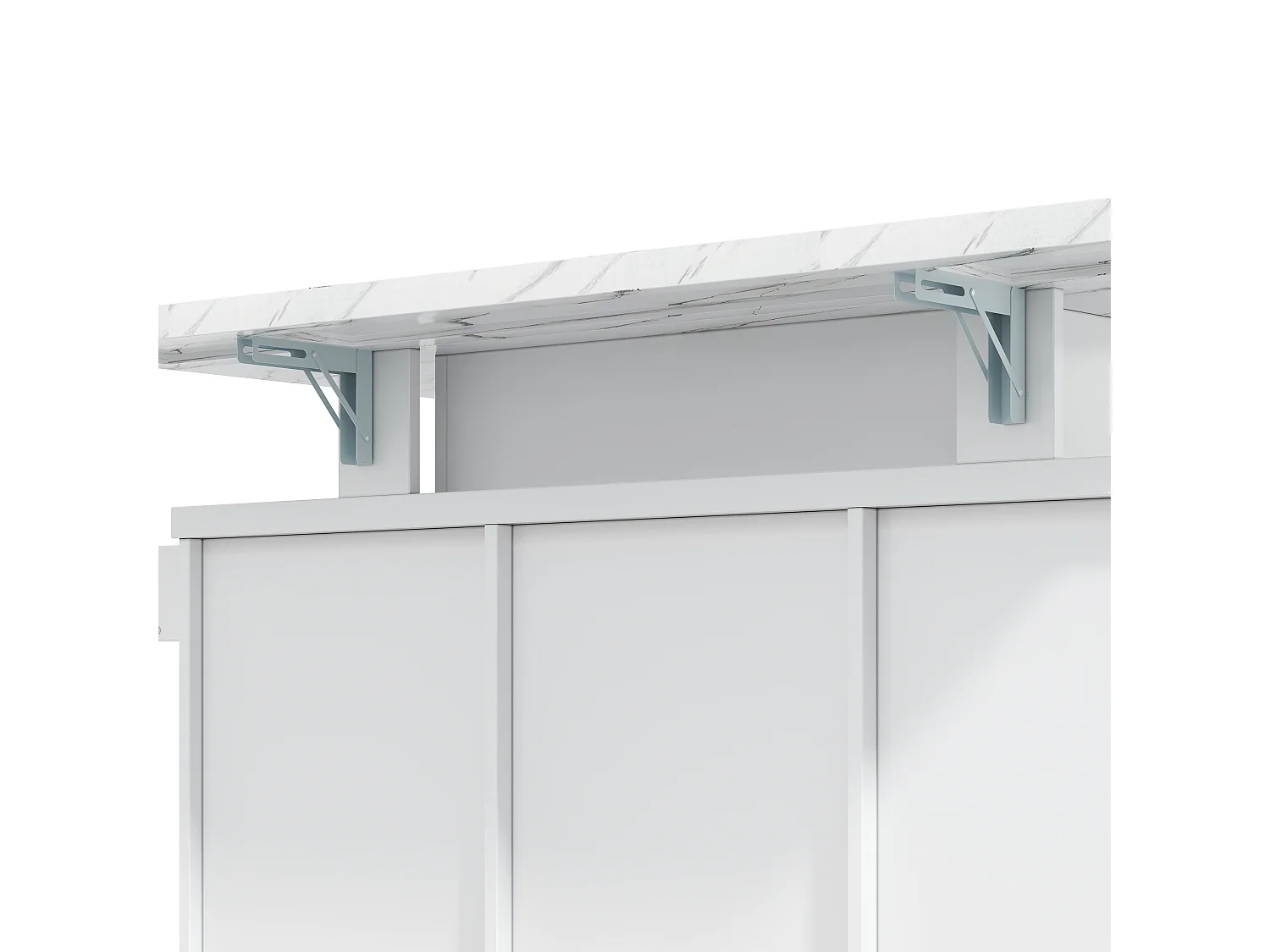 Wit LED-verrijdbaar keukeneiland met 2 deuren en 3 lades - Blad met marmerlook