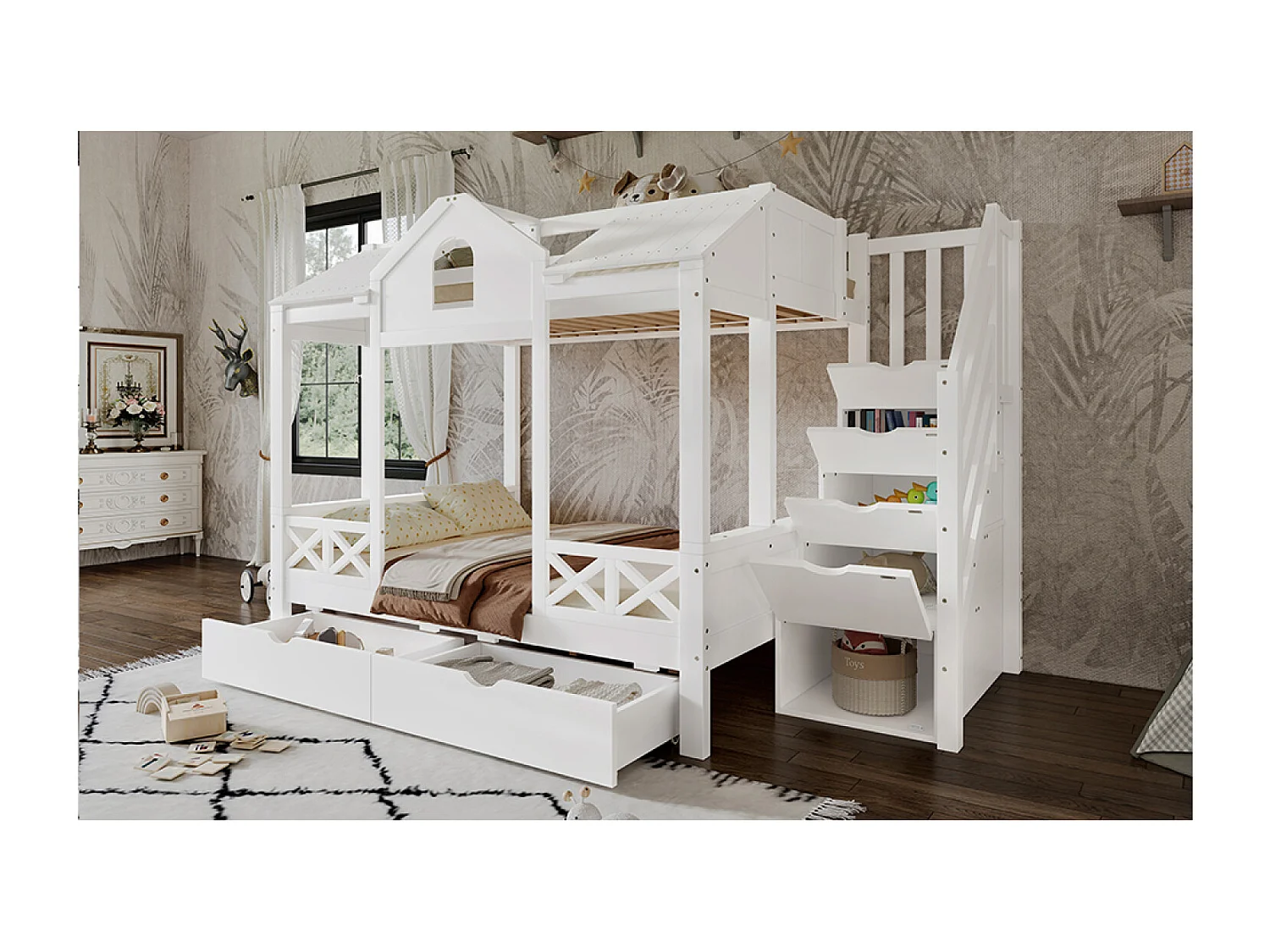 Lit superposé 90x200 cm / 140x200 cm avec 2 tiroirs et escalier à ranngement - Bois blanc