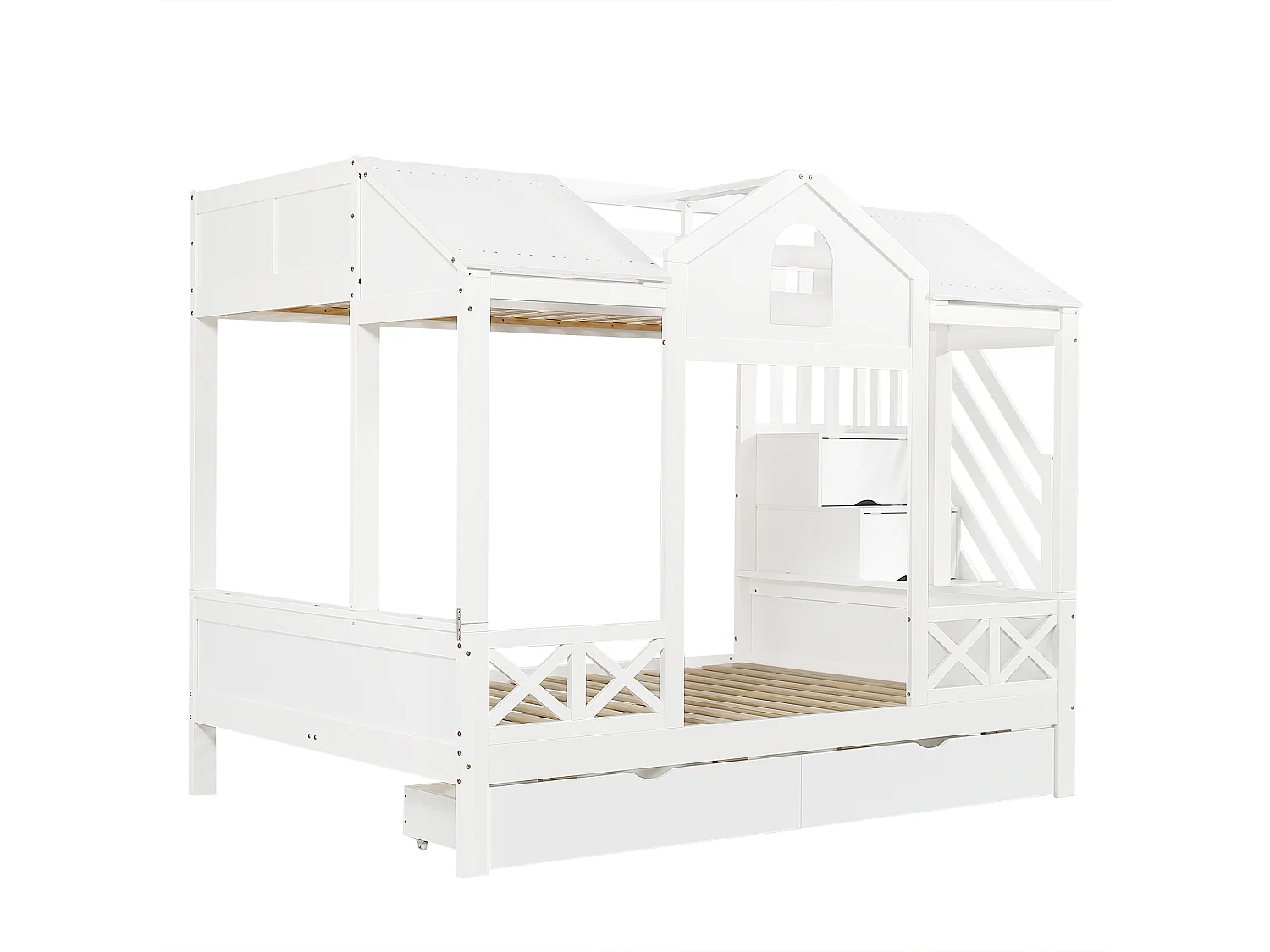 Lit superposé 90x200 cm / 140x200 cm avec 2 tiroirs et escalier à ranngement - Bois blanc