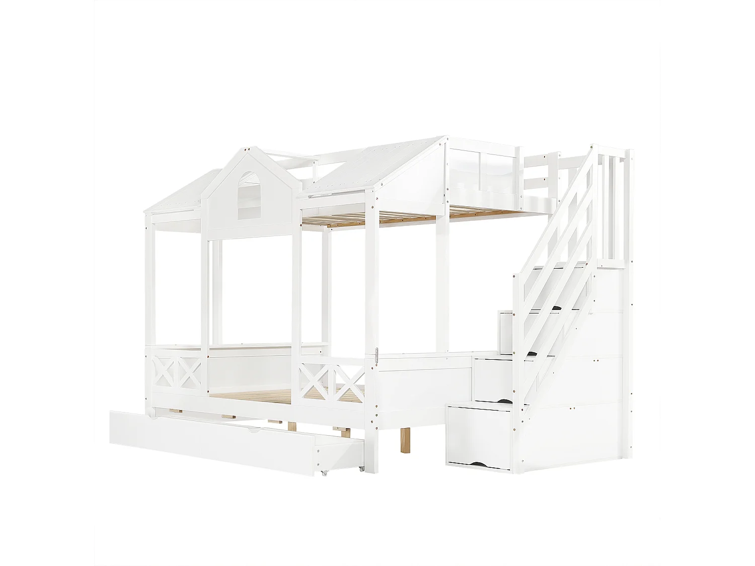 Lit superposé 90x200 cm / 140x200 cm avec 2 tiroirs et escalier à ranngement - Bois blanc