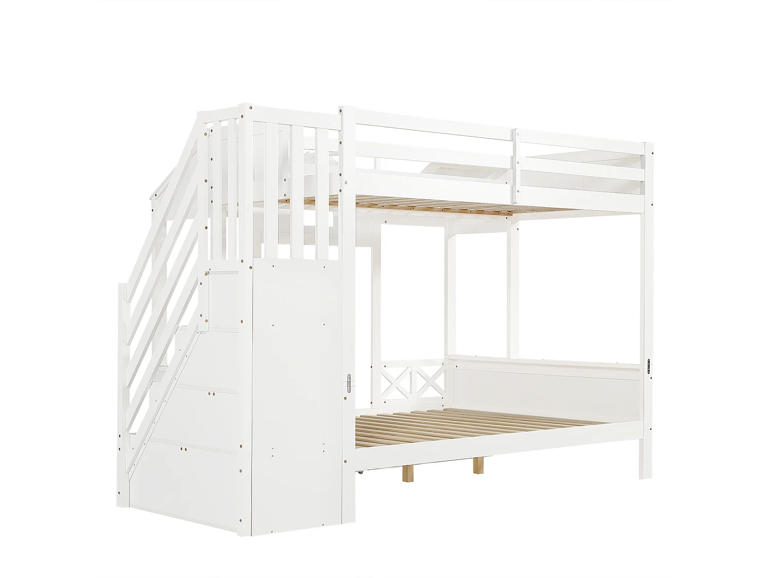 Lit superposé 90x200 cm / 140x200 cm avec 2 tiroirs et escalier à ranngement - Bois blanc