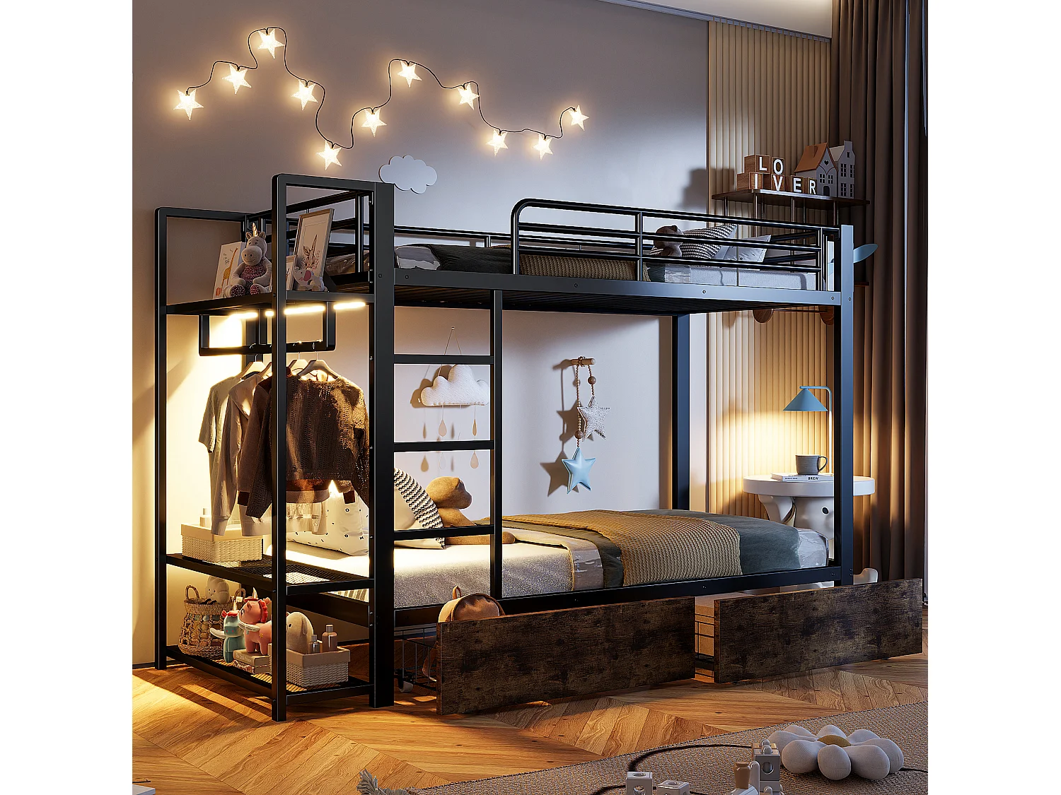 Kinderstapelbed 90 x 200 cm met 2 lades, ledverlichting en kledingkast - Zwart ijzeren frame