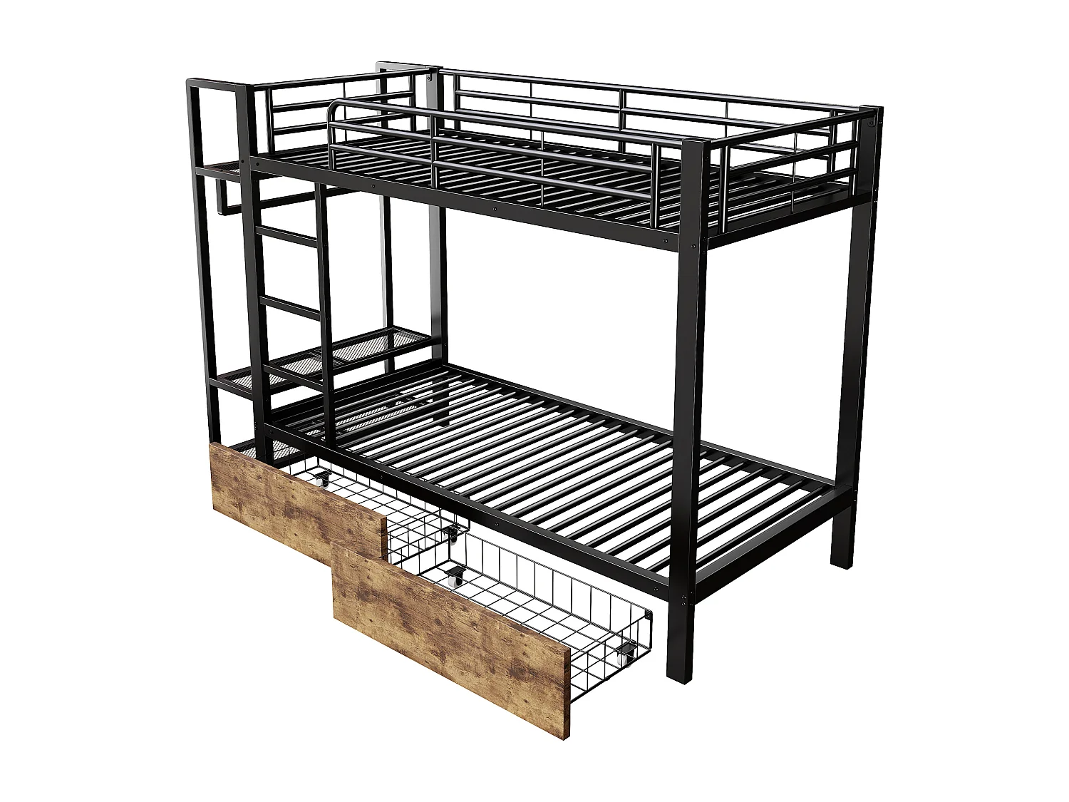 Kinderstapelbed 90 x 200 cm met 2 lades, ledverlichting en kledingkast - Zwart ijzeren frame