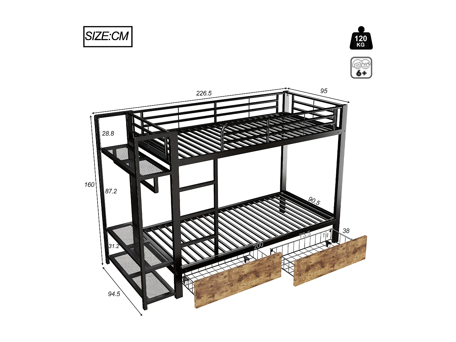 Kinderstapelbed 90 x 200 cm met 2 lades, ledverlichting en kledingkast - Zwart ijzeren frame