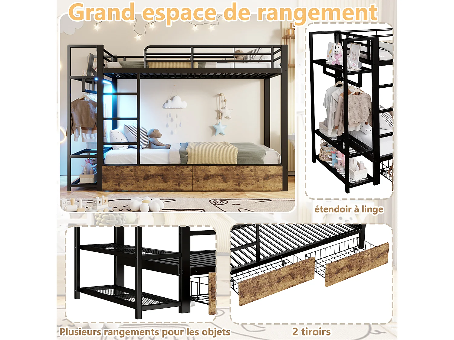 Kinderstapelbed 90 x 200 cm met 2 lades, ledverlichting en kledingkast - Zwart ijzeren frame