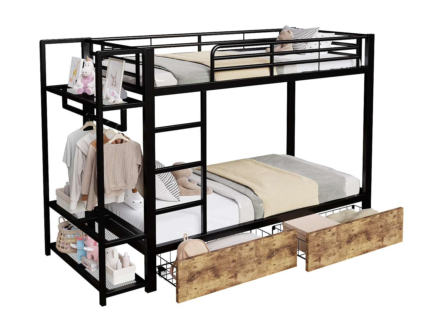 Kinderstapelbed 90 x 200 cm met 2 lades, ledverlichting en kledingkast - Zwart ijzeren frame