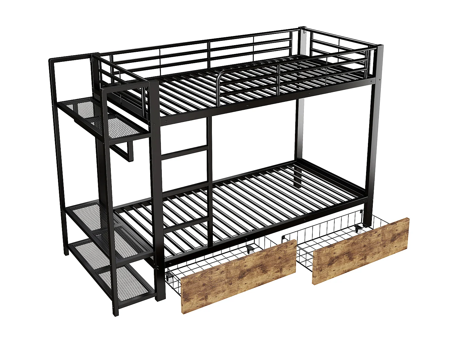 Kinderstapelbed 90 x 200 cm met 2 lades, ledverlichting en kledingkast - Zwart ijzeren frame