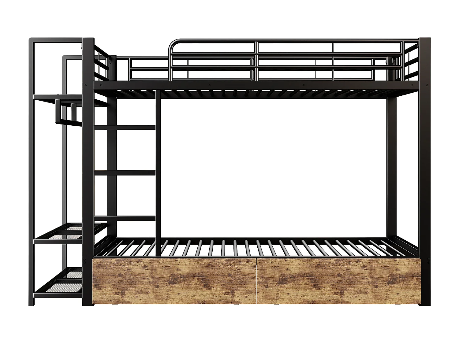 Kinderstapelbed 90 x 200 cm met 2 lades, ledverlichting en kledingkast - Zwart ijzeren frame