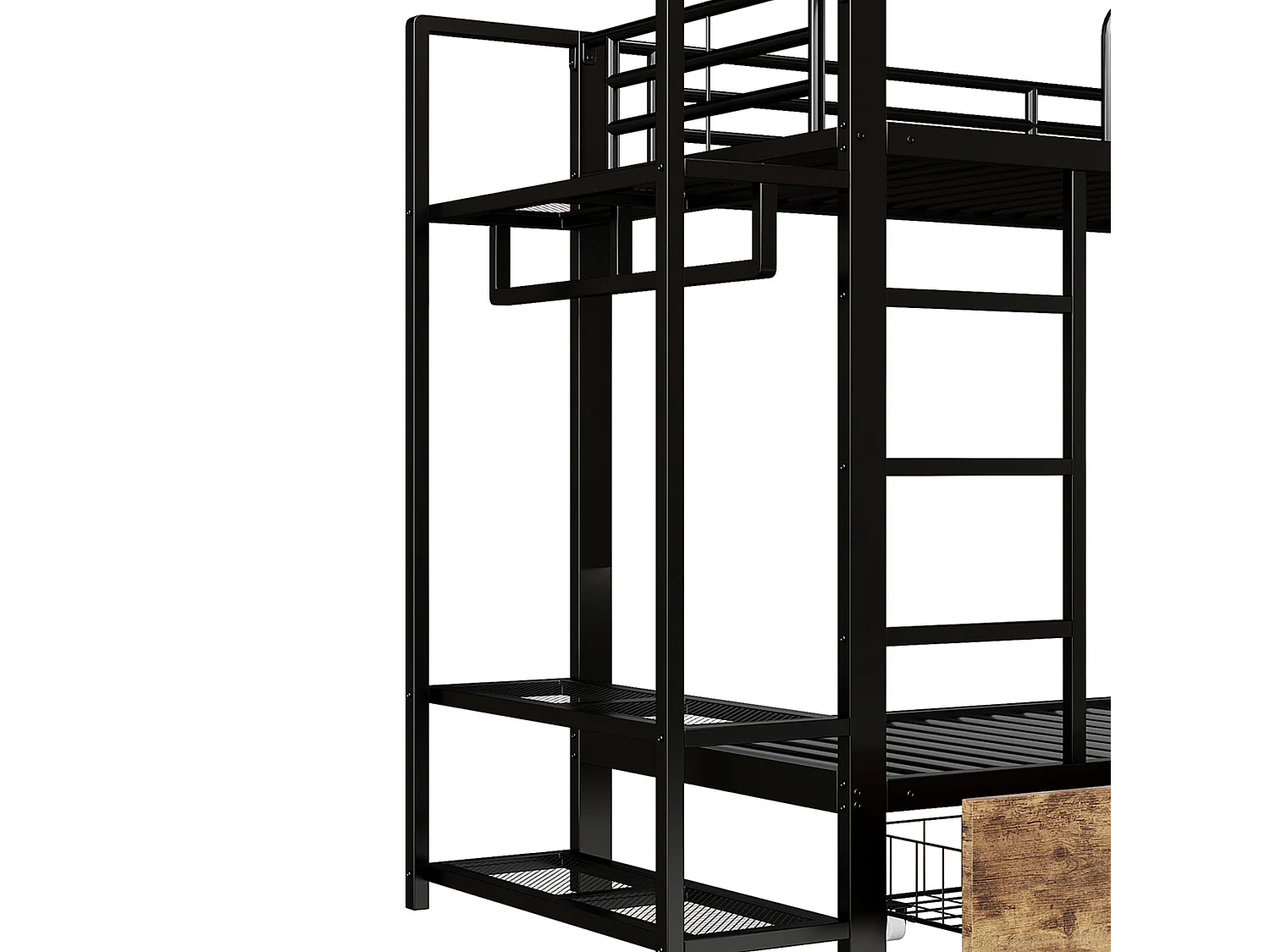 Kinderstapelbed 90 x 200 cm met 2 lades, ledverlichting en kledingkast - Zwart ijzeren frame