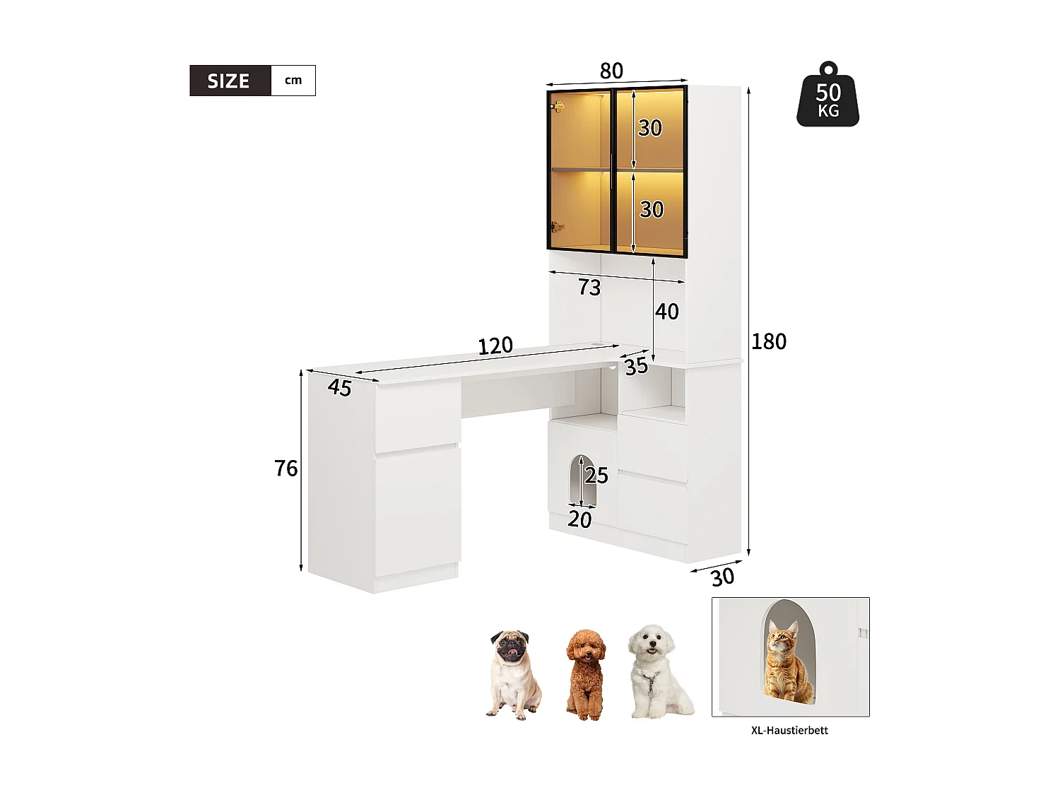 Hoekbureau met ledverlichting, 3 lades, 2 deuren, 120×80×180 cm - Wit