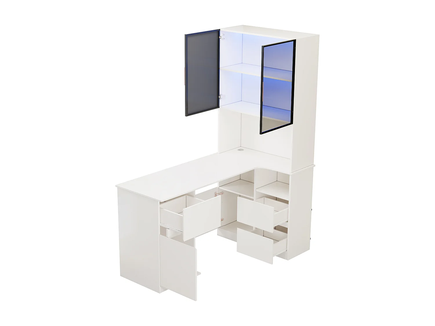 Hoekbureau met ledverlichting, 3 lades, 2 deuren, 120×80×180 cm - Wit