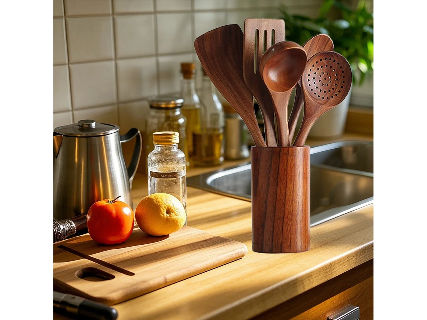 Ensemble de 7 pièces de cuisine en bois d'acacia avec seau en bois
