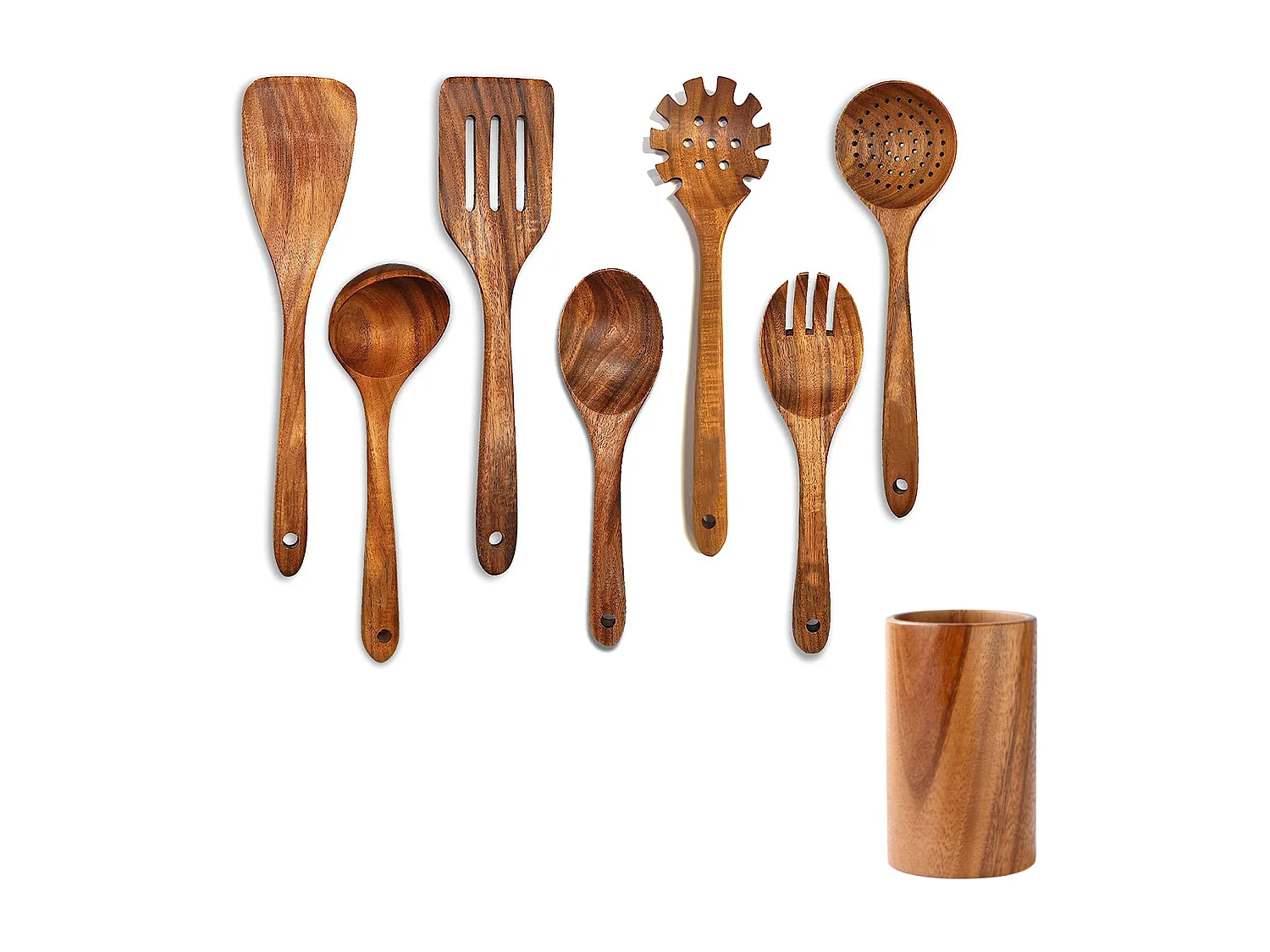 Ensemble de 7 pièces de cuisine en bois d'acacia avec seau en bois