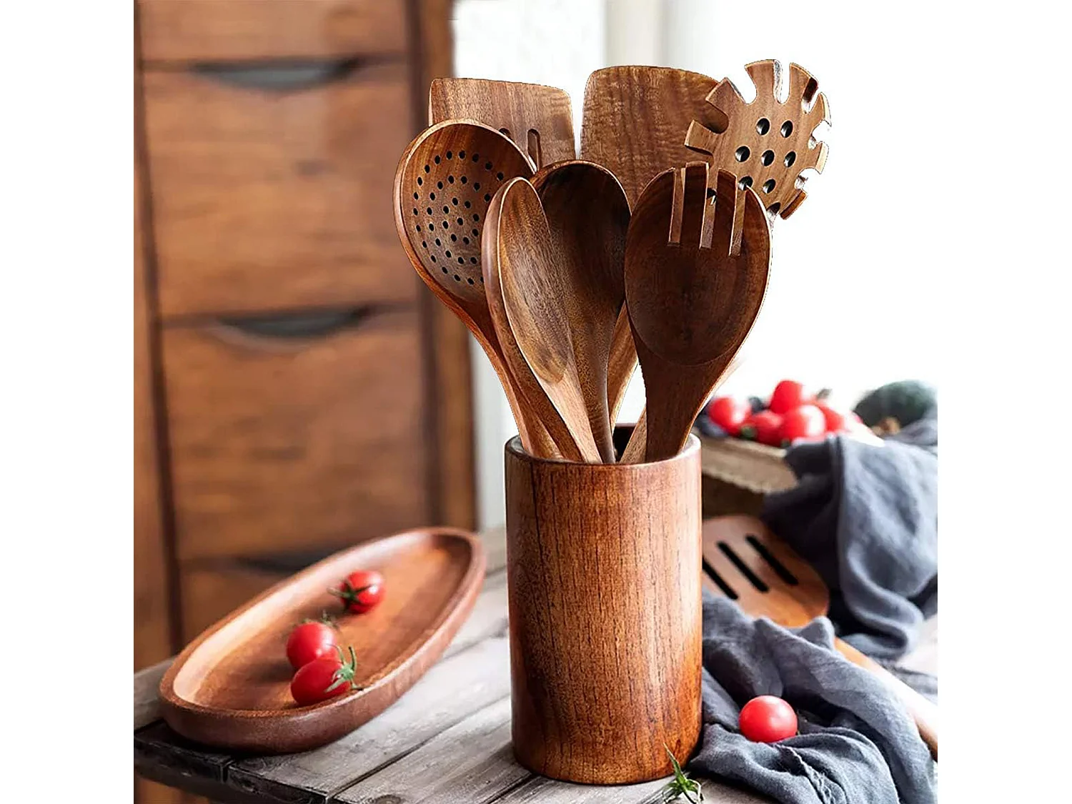Ensemble de 7 pièces de cuisine en bois d'acacia avec seau en bois