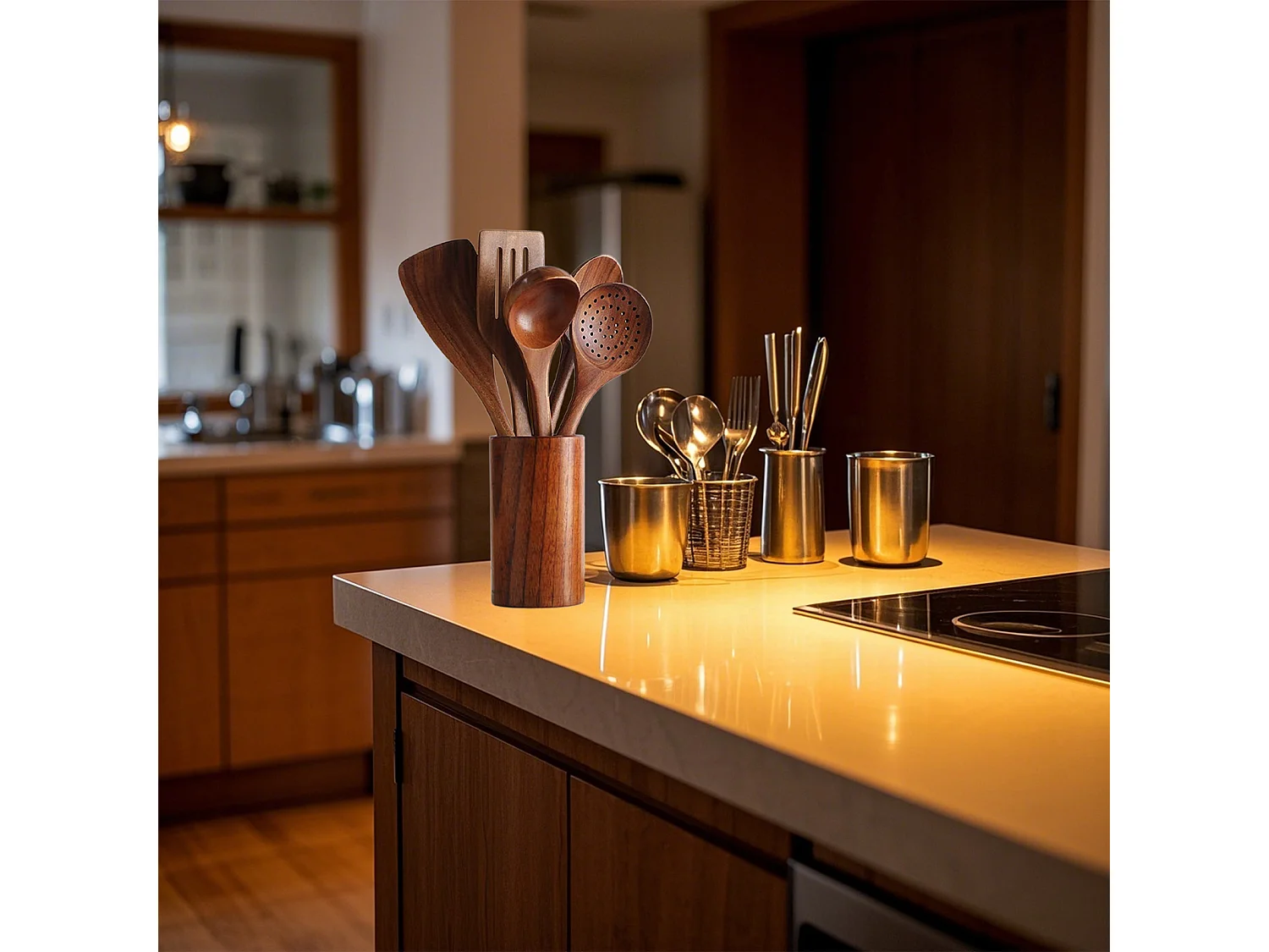 Ensemble de 7 pièces de cuisine en bois d'acacia avec seau en bois