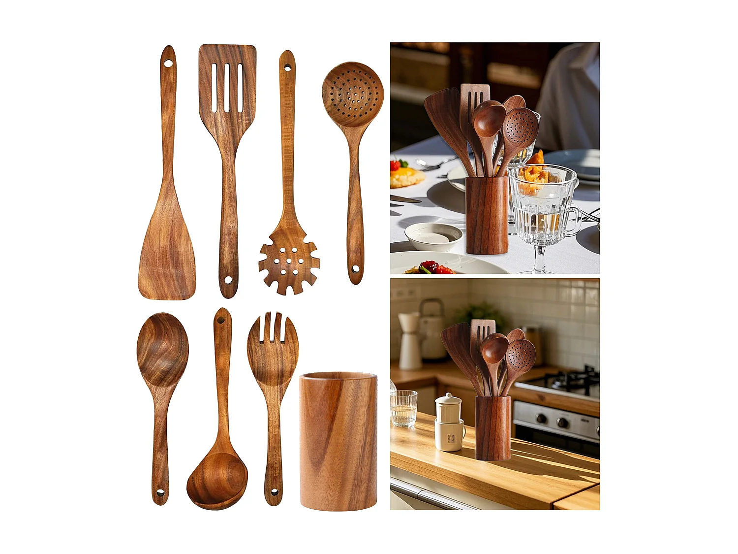 Ensemble de 7 pièces de cuisine en bois d'acacia avec seau en bois